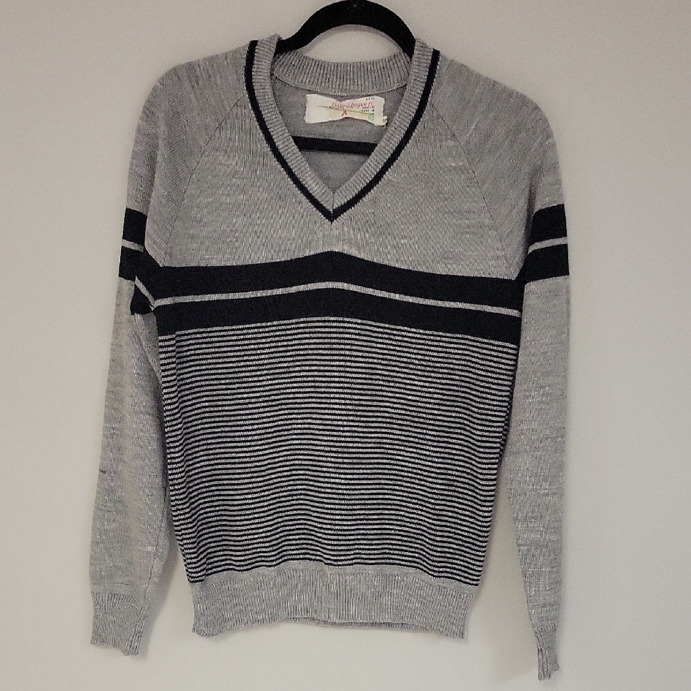 Gray and Black V-Neck Sweater with Collegiate Stripes
